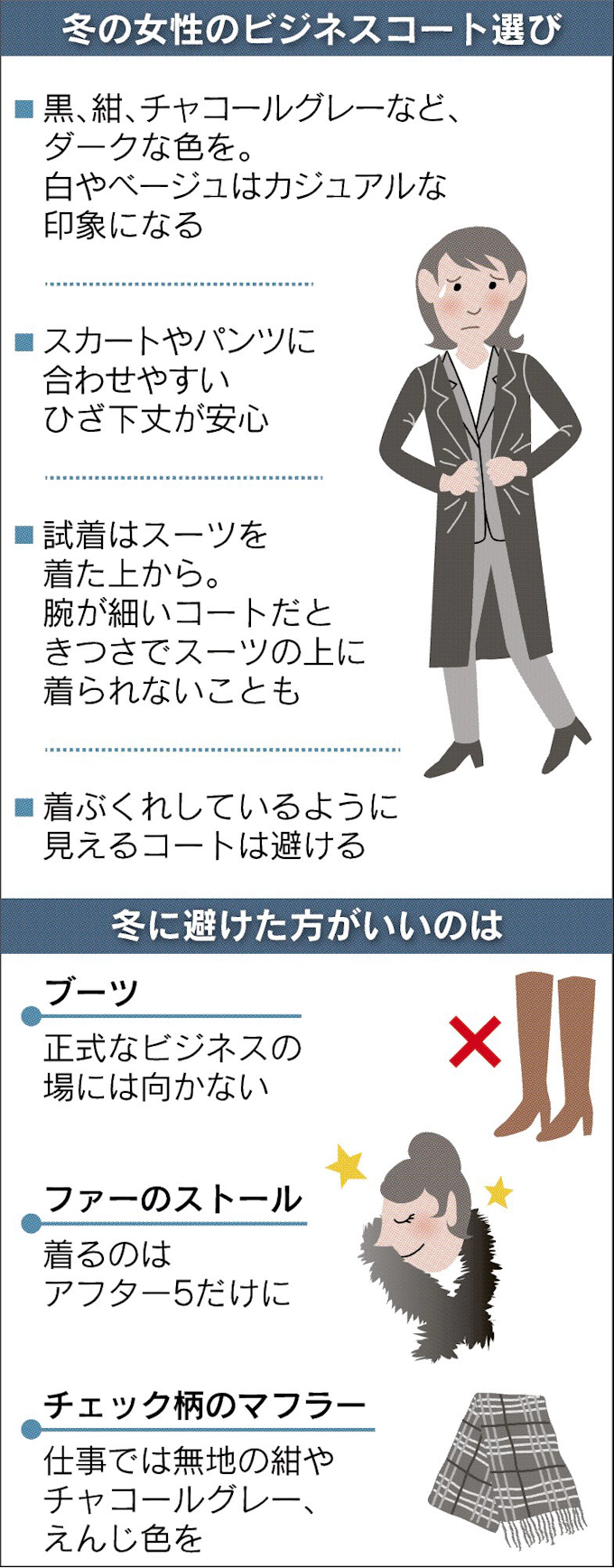 女性冬のビジネス服 外出編 日本経済新聞