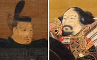 新たに見つかった足利尊氏の肖像画の写し（部分、左）と最近まで尊氏として紹介されてきた「騎馬武者像」（模本）=栃木県立博物館提供
