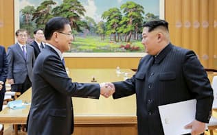 握手を交わす韓国の鄭義溶国家安保室長(左)と北朝鮮の金正恩委員長（5日、平壌）=韓国大統領府提供・共同
