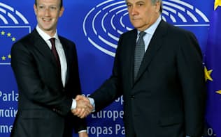 22日、欧州議会を訪れタヤーニ議長(右)と握手するザッカーバーグ氏=ロイター
