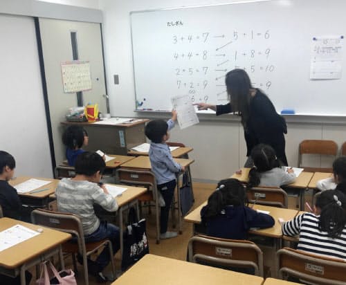 来春に小学校入学を控えた子供たちが足し算を習う(四谷大塚の「新1年生入学準備講座」)