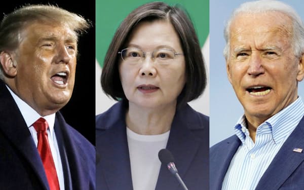 米大統領選でトランプ氏(左)とバイデン氏(右)のどちらが勝利するのか、台湾の蔡総統（中央）の胸中は複雑だ=いずれもロイター
