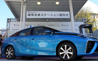 東京ガスが開設した水素スタンドとトヨタの燃料電池車「ミライ」（東京都練馬区）