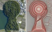 奈良県桜井市の箸墓古墳(左)と航空3次元測量した箸墓古墳の立体地図=アジア航測・奈良県立橿原考古学研究所提供