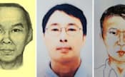 高橋容疑者の変貌　（左から）1995年の手配写真（93年撮影）、加齢を考慮し2月に公開された似顔絵、6日に公開された証明写真（昨年10月に勤務先に提出）、9日に公開された似顔絵、15日の逮捕時