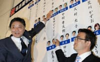 名古屋市議選で減税日本から当選した人たちの名前を張り出す河村市長=左=（13日夜、名古屋市東区)