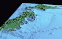 平安時代の大地震によっておきた大津波「貞観津波」のシミュレーション画像。垂直方向のスケールは誇張されている(産業技術総合研究所提供)