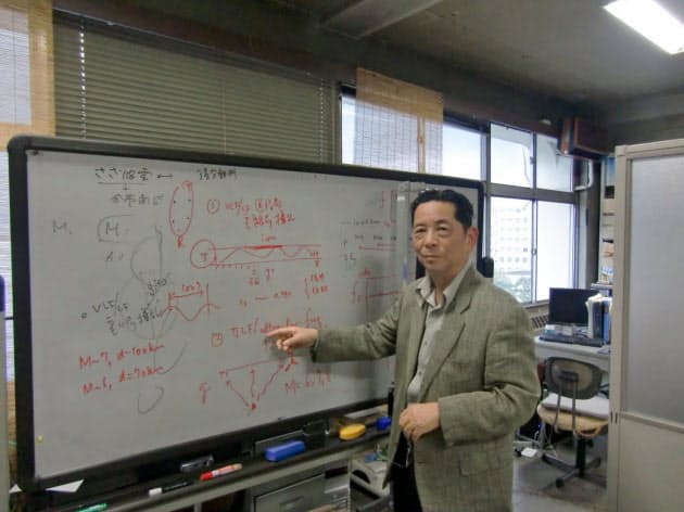 電波を利用した地震予知の仕組みを説明する早川名誉教授