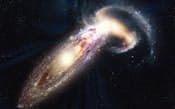 数十億年後の未来、天の川銀河とアンドロメダ銀河が衝突したところのイメージイラスト。両銀河が合体して生まれる巨大銀河には「ミルコメダ」という名前が付けられている。天の川(ミルキーウェイ)とアンドロメダを組み合わせて作った名前だ=KENN BROWN,MONDOLITHIC STUDIOS提供