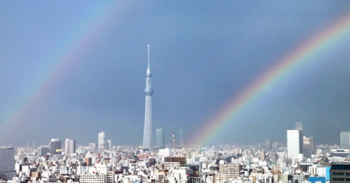 東京スカイツリーに2本の虹 日本経済新聞