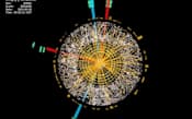 LHCを用いた実験（ATLAS実験）のデータ。ヒッグス粒子とみられる粒子が実験で 生み出され、それがすぐに別の粒子に崩壊した可能性がある現象の1つの事例=CERN提供