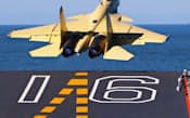 軍用機を離陸させた中国。民間の旅客機も含めた「航空機大国」になるか(中国海軍初の空母「遼寧」から飛び立つ艦載機「殲15」。新華社=共同)