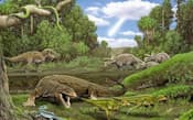 米エール大が隕石落下で恐竜や爬虫類の大半が絶滅したとの研究結果。この想像図左下の小型トカゲを「オバマドン」と名付けた=同大提供、共同