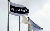 シャープ堺工場にはためくシャープと鴻海精密工業の旗(2012年8月、堺市堺区)