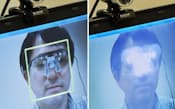国立情報学研究所のカメラによる顔の検出を防ぐゴーグル。近赤外LEDを点灯すると顔を検出できなくなった(写真右)