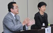 株価座談会で討論する南村芳寛氏(左)とキャシー・松井氏(5日、東京・大手町)