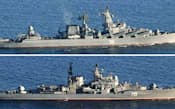 13日に宗谷海峡を通過したロシア海軍のミサイル巡洋艦（写真上）とミサイル駆逐艦=防衛省統合幕僚監部提供・共同