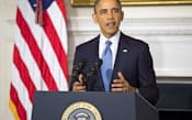 23日、米ホワイトハウスで、イラン核協議の合意を受け、声明を読み上げるオバマ大統領=共同