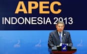 昨年秋のAPEC首脳会議で共同記者会見するインドネシアのユドヨノ大統領（2013年10月8日、インドネシア・バリ島）=共同