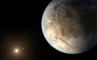 NASAが米科学誌サイエンスに発表した、太陽系から500光年離れたところにある地球とよく似た惑星(右)の想像図=NASA提供共同