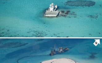 中国が埋め立てた南沙諸島の暗礁。小規模な基地周辺が陸地として拡張しているのが分かる。上から2012年3月、2013年2月、2014年2月、2014年3月。矢印は北を示す=フィリピン外務省提供共同