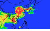 九大の竹村俊彦准教授によると、10日ごろに中国から汚染物質が飛んでくるという（10日午後9時の予想、赤い部分が高濃度）