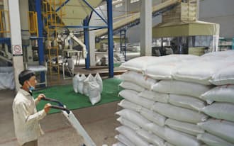 カンボジアのAKRの精米工場では大量の米が輸出に向けて次々と出荷される