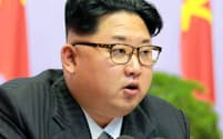 6日、朝鮮労働党大会で総括報告する金第1書記（平壌）=朝鮮中央通信撮影・共同
