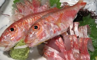 金太郎の刺し身は市内の店で食べられる。白身魚なのに濃いめの味がする