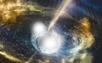 2つの中性子星が合体して重力波や強力な電磁波を出す（NSF/LIGO/Sonoma State University/A.Simonnet）
