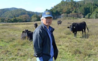 帰還困難区域で牛を飼い続ける渡部さん（10月、福島県浪江町小丸）
