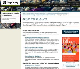 キング郡政府の新型コロナウイルスに関するウェブサイト。偏見や差別を防ぐ情報を発信する