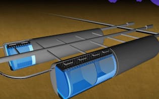 巨大なタンクを地下に2基並べ、ニュートリノを超高感度センサーで観測するハイパーカミオカンデ（イメージ図、ハイパーカミオカンデ国際共同研究グループ提供）