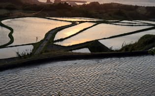日本海に沈む夕日が東後畑棚田を照らす(4日、山口県長門市)