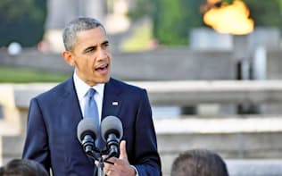 　広島市の平和記念公園で「核兵器なき世界」への決意を表明するオバマ米大統領（27日午後）