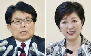 都知事選への出馬を表明した増田寛也氏（左）と小池百合子氏