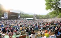 1997年に富士山麓で始まったフジロックは第3回の99年から苗場スキー場に場所を移し、通算20回を迎えた(グリーンステージ)=写真 中嶌 英雄
