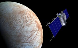 木星の衛星「エウロパ」に接近する探査機「エウロパクリッパー」（想像図、NASA提供）