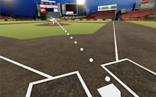VR上で再現された投手の投球。投げ終わった後に実際に画面のように軌道を確認できる