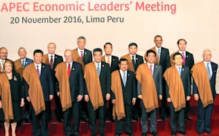APEC首脳会議で記念撮影する各国首脳ら（20日、リマ）=代表撮影・共同
