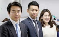 日本法人YCPジャパン（東京・港）のオフィスに並ぶビジネスプロデューサーの谷内侑希子氏（右端）、パートナーの谷口征郎氏（中央）、グループCEOの石田裕樹氏（左端）