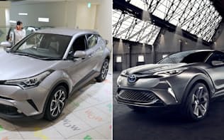 発売した新型SUV「C-HR」（14日、名古屋市中村区）(左)と2015年、フランクフルト国際モーターショーのコンセプトカー=トヨタ自動車提供