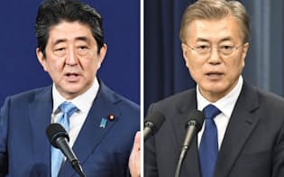 安倍晋三首相（左）と韓国の文在寅大統領=共同