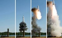 北朝鮮の労働新聞が22日掲載した、新型中距離弾道ミサイル「北極星2」の実戦配備に向けた「最終発射実験」の写真=共同