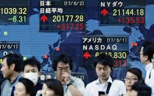 　2万円台を回復した日経平均株価終値や米国市場の株価を表示するボード=2日午後、東京都中央区