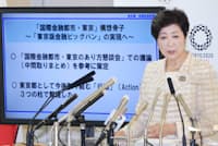 「国際金融都市構想」の骨子について記者会見する小池都知事(9日、都庁) 「国際金融都市構想」の骨子について記者会見する小池都知事(9日、都庁)