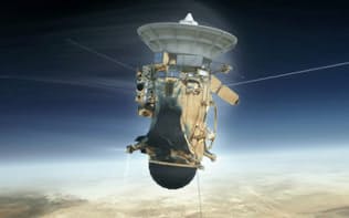 土星に突入するカッシーニ探査機（想像図、NASA提供）