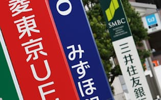 メガバンクの看板。（左から）三菱東京UFJ銀行、みずほ銀行、三井住友銀行