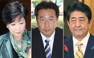 （左から）希望の党代表の小池都知事、立憲民主党の枝野氏、安倍首相
