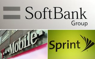 （写真上から時計回りに）ソフトバンクグループ、スプリント、Tモバイルのロゴ